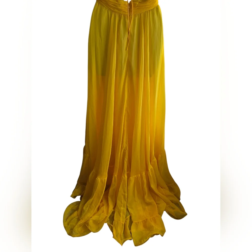 NWOT $598 Mac Duggal Ruffle Tiered Cutout Chiffon Gown Sunshine Yellow Size 2 - Picture 5 of 9